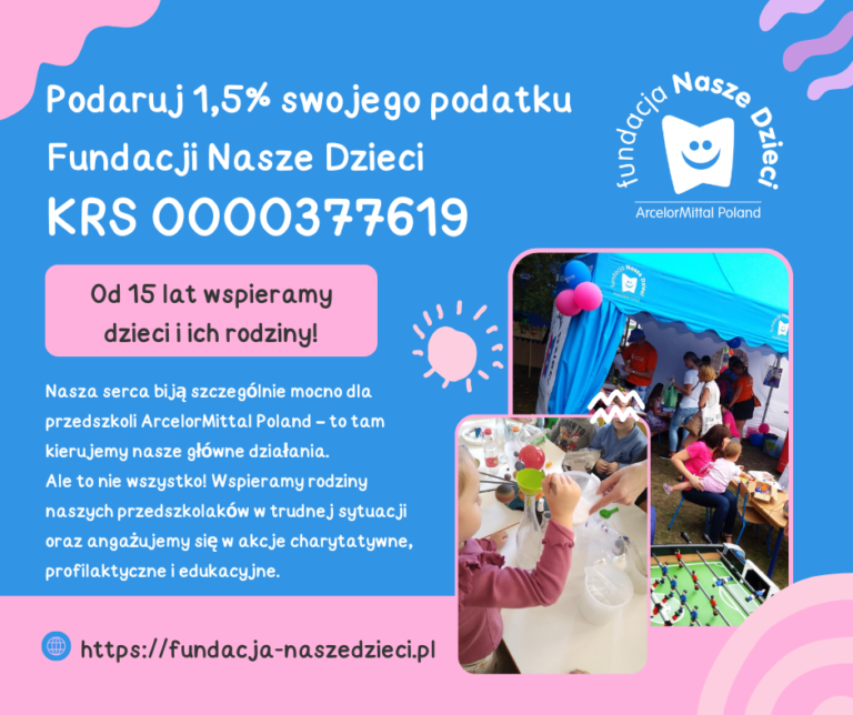Przekaż 1,5 procenta podatku Fundacji Nasze Dzieci KRS 0000377619 - organizacji pożytku publicznego, przedszkola w Dąbrowie Górniczej i Krakowie, od 15 lat wspieramy dzieci i ich rodziny